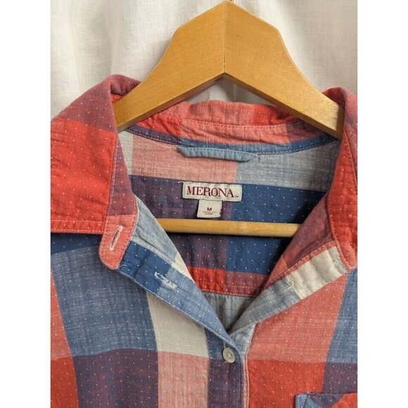 Merona women's Half Button Up Red, White & Blue Plaid Polka Dot Shirt, F10 - Picture 2 of 5